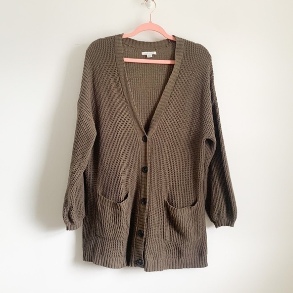 American Eagle Oversized waffle knit Grandpa Slouchy Cardigan Gray Brown XS/S - Picture 5 of 11